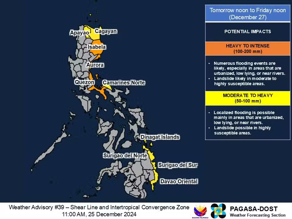 Heavy to intense rains forecast in 4 Luzon areas from Dec. 26 to 28